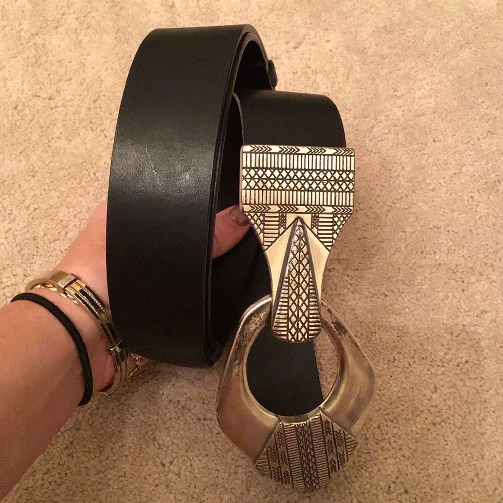 Chico’s Aztec Black Leather Belt with Silver Buckle